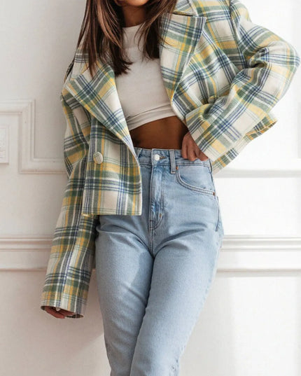Lapel Collar Plaid Cropped Jacket