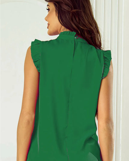 Ruffled Mock Neck Cap Sleeve Blouse 