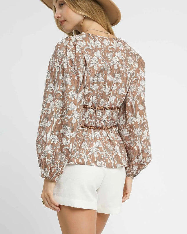 Umgee Floral Smocked Peplum Blouse with Tie Detail