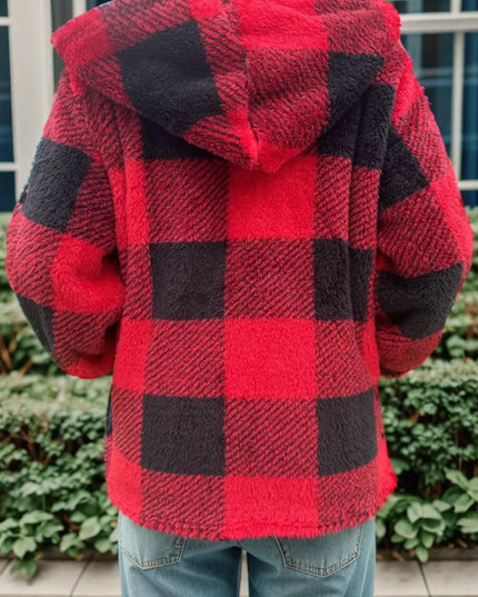 Double Take Full Size Plaid Long Sleeve Hooded Coat