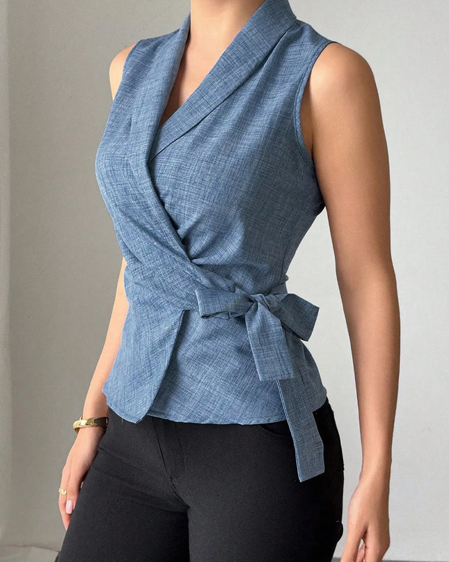 Sleeveless Tied Surplice Top Dusty Blue