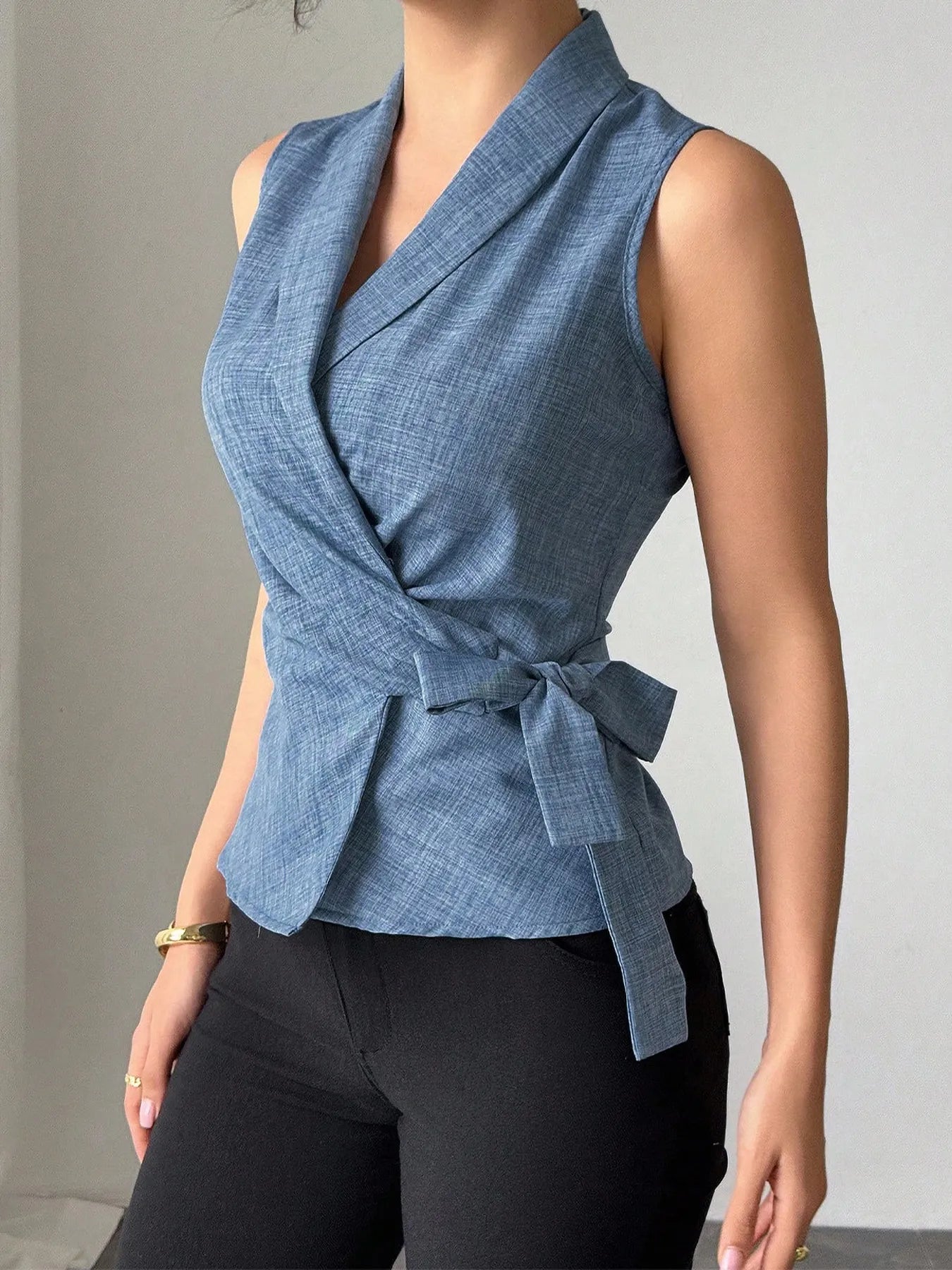 Sleeveless Tied Surplice Top Dusty Blue