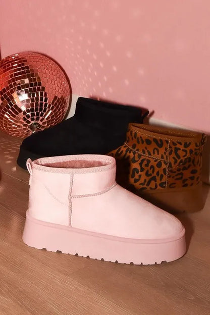 WILD DIVA Leopard Suede Round Toe Platform Booties Leopard