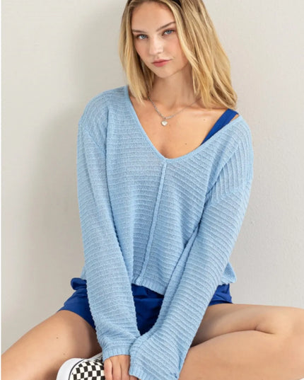 HYFVE V-Neck Stripe Texture Long Sleeve Top BABY BLUE