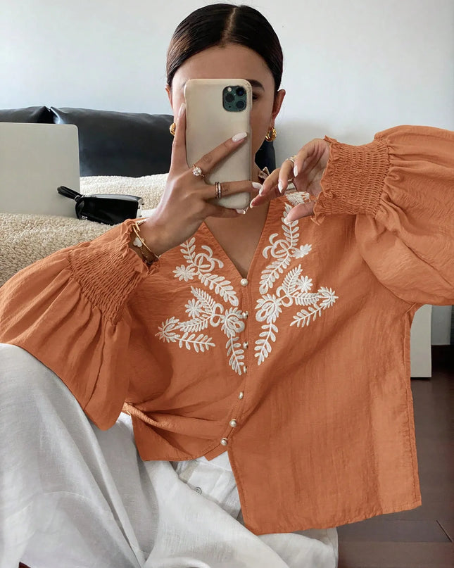 Embroidered Lantern Sleeve Blouse