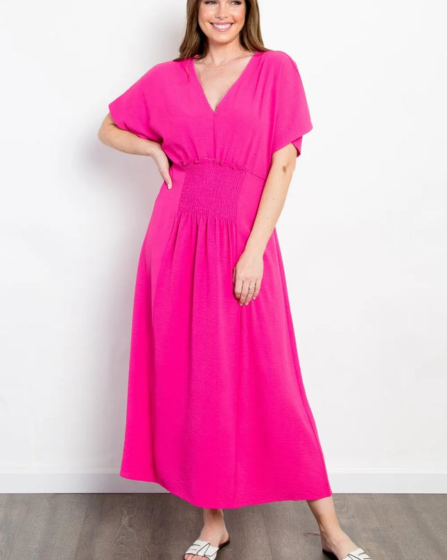 Be Stage Full Size Shirred Front Short Sleeve Maxi Dress Fuchsia