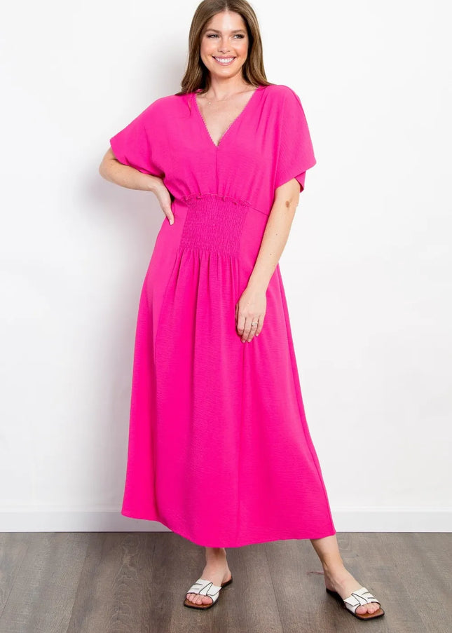 Be Stage Full Size Shirred Front Short Sleeve Maxi Dress Fuchsia