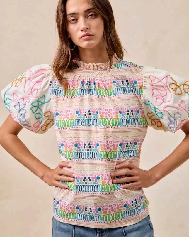 BiBi Ruffle Neckline Blouse With Embroidery Bubble Sleeve