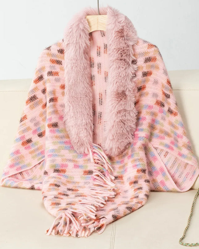 Fringe Fuzzy Open Front Poncho Watermelon pink One Size