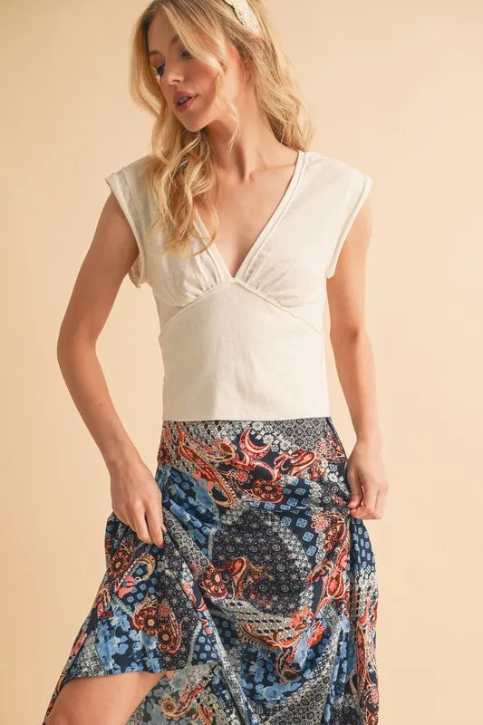 Aemi+Co V-Neck Cap Sleeve Cropped Top WHITE