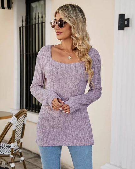 Ribbed Square Neck Long Sleeve T-Shirt