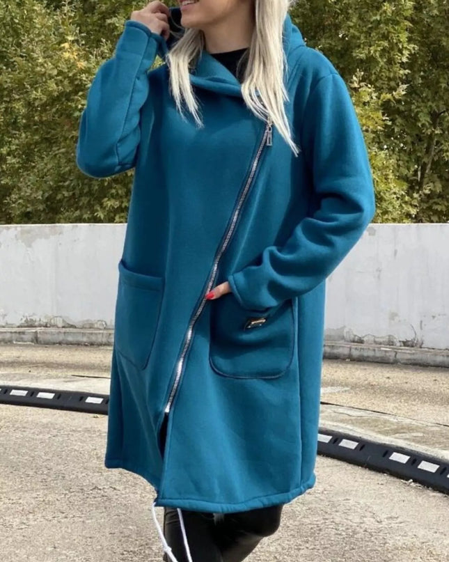 Full Size Asymmetrical Zip-Up Hooded Fleece Outerwear Plus Size Blue