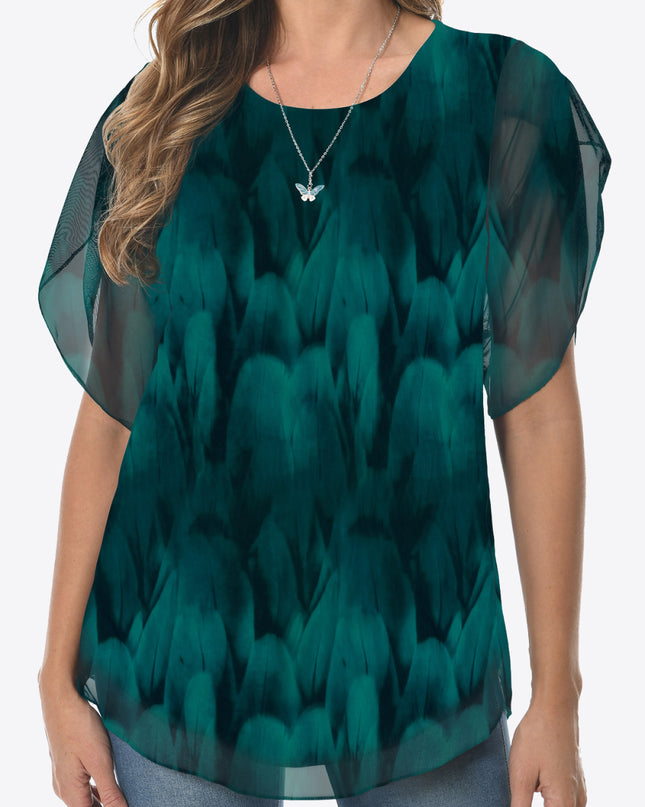 Printed Round Neck Curved Hem Blouse Teal