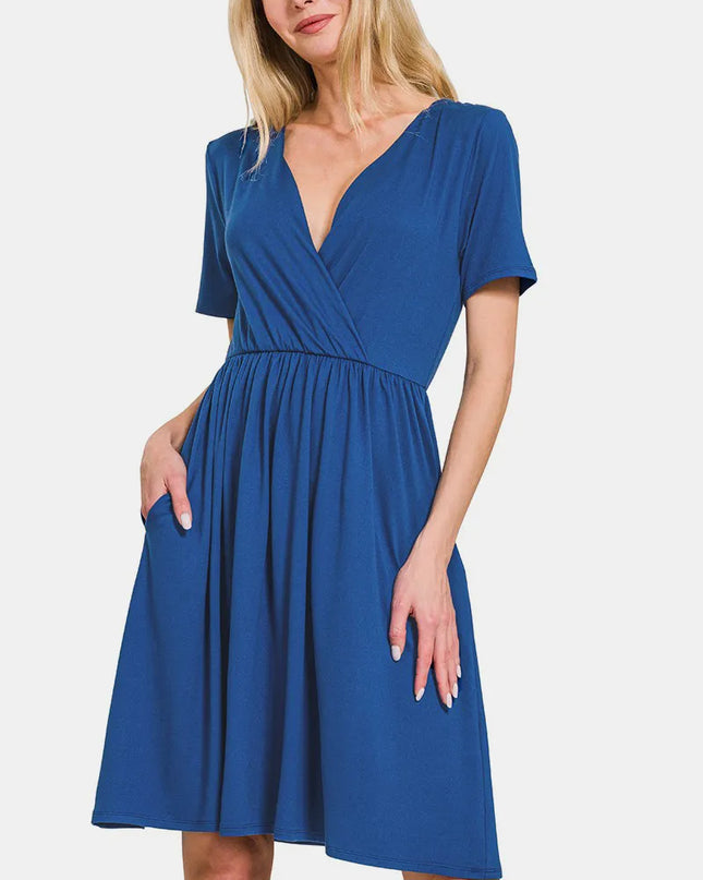 Zenana Surplice Short Sleeve Brushed DTY Dress Navy