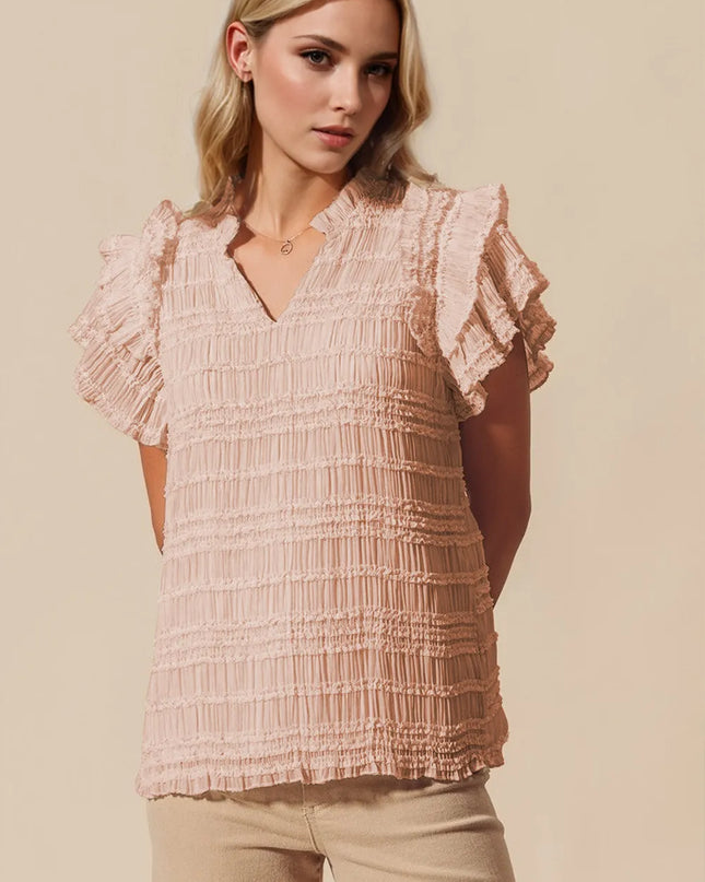 Oh Full Size Frill Notched Flounce Sleeve Blouse Dust Storm