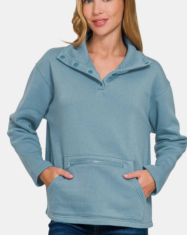 Zenana Turtleneck Half Snap Fleece Sweatshirt Air Force Blue