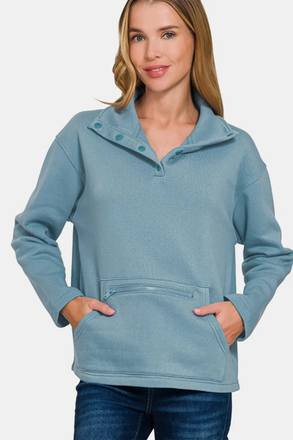 Zenana Turtleneck Half Snap Fleece Sweatshirt Air Force Blue