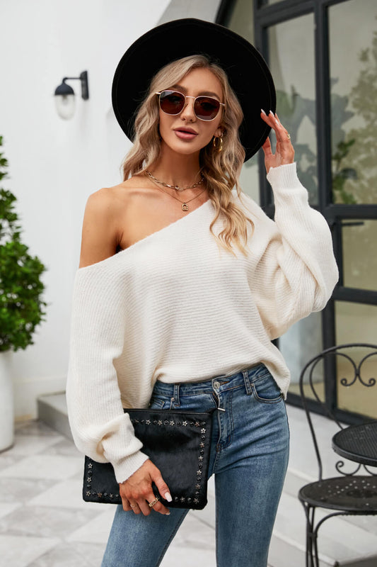 Boat Neck Horizontal Ribbing Dolman Sleeve Sweater White