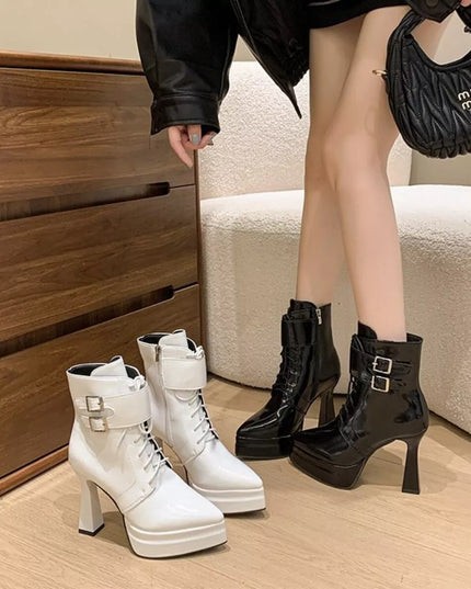 Lace Up Block Heels Boots