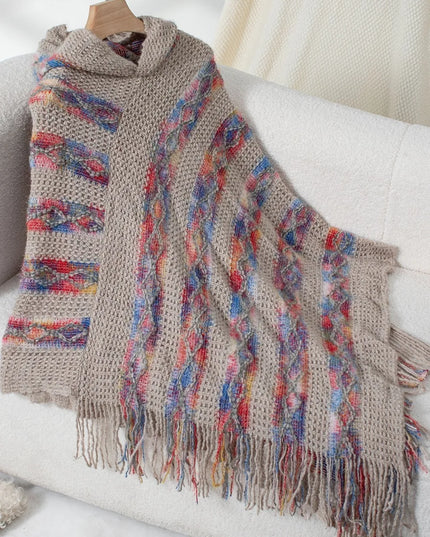 Fringe Contrast Hooded Poncho Mocha One Size