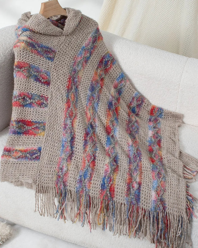 Fringe Contrast Hooded Poncho Mocha One Size