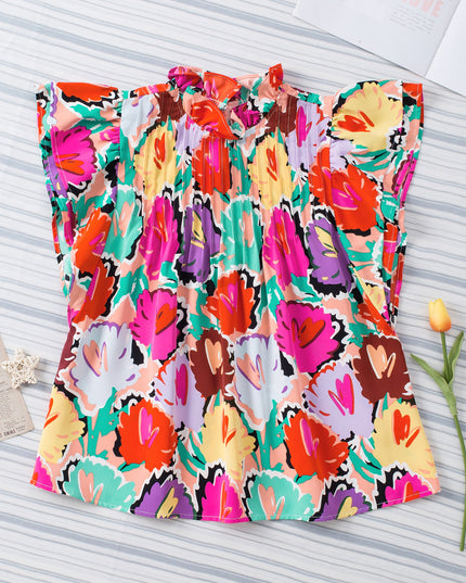 Multicolored Flutter Sleeve Mock Neck Blouse