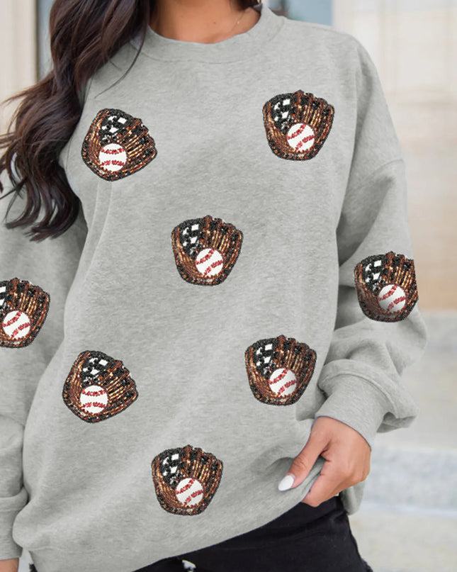 Sequin Baseball Patched Casual Sweatshirt Gray