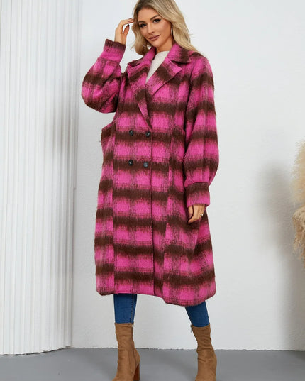 Contrast Double-Breasted Long Sleeve Longline Coat Hot Pink