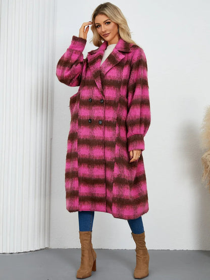 Contrast Double-Breasted Long Sleeve Longline Coat Hot Pink