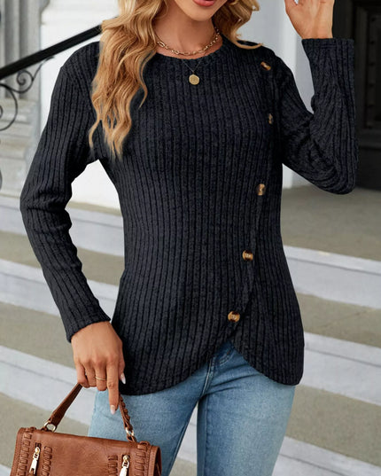 Ribbed Knit Decor Button T-Shirt
