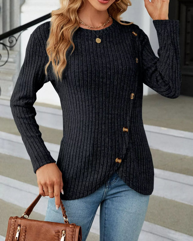 Ribbed Knit Decor Button T-Shirt