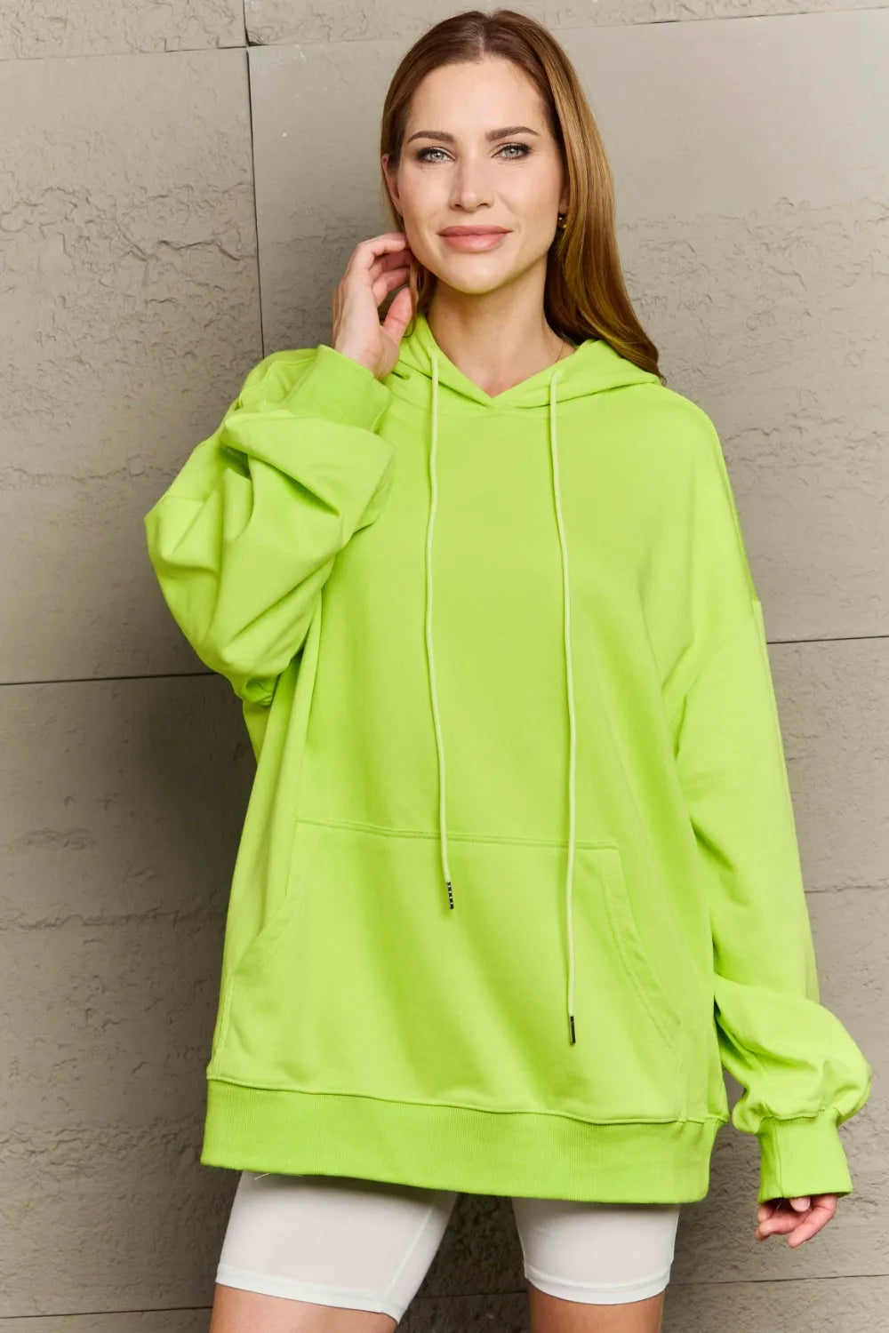 Full Size Drawstring Long Sleeve Hoodie Lime