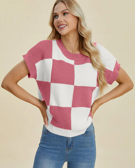 Double Take Full Size Checkered Round Neck Short Sleeve Sweater