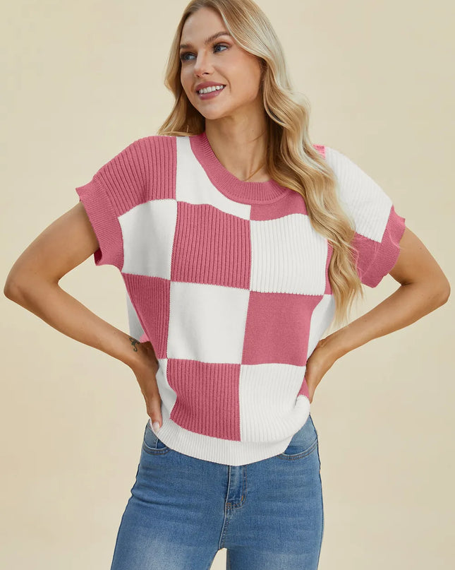 Double Take Full Size Checkered Round Neck Short Sleeve Sweater