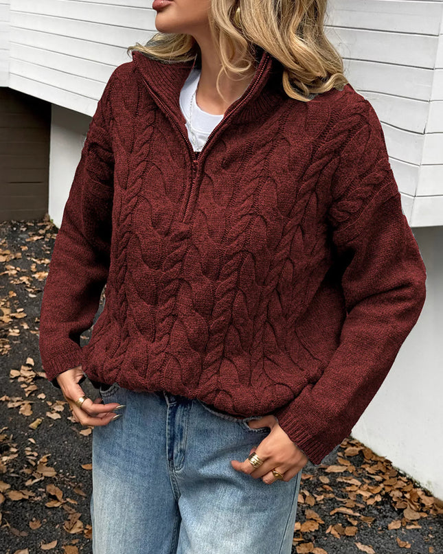 Zip Collar Cable-Knit Sweater Burgundy