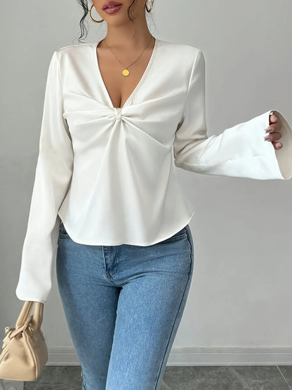 V-Neck Twist Front Long Sleeve Blouse