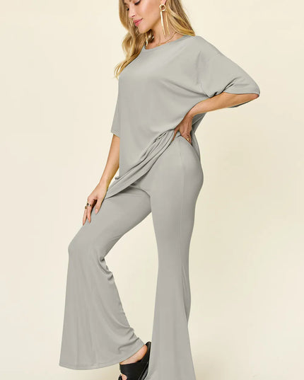 Double Take Full Size Round Neck Drop Shoulder T-Shirt and Flare Pants Set