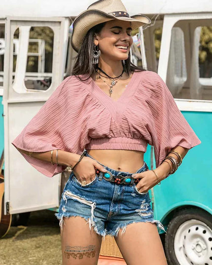 Textured V-Neck Crop Top