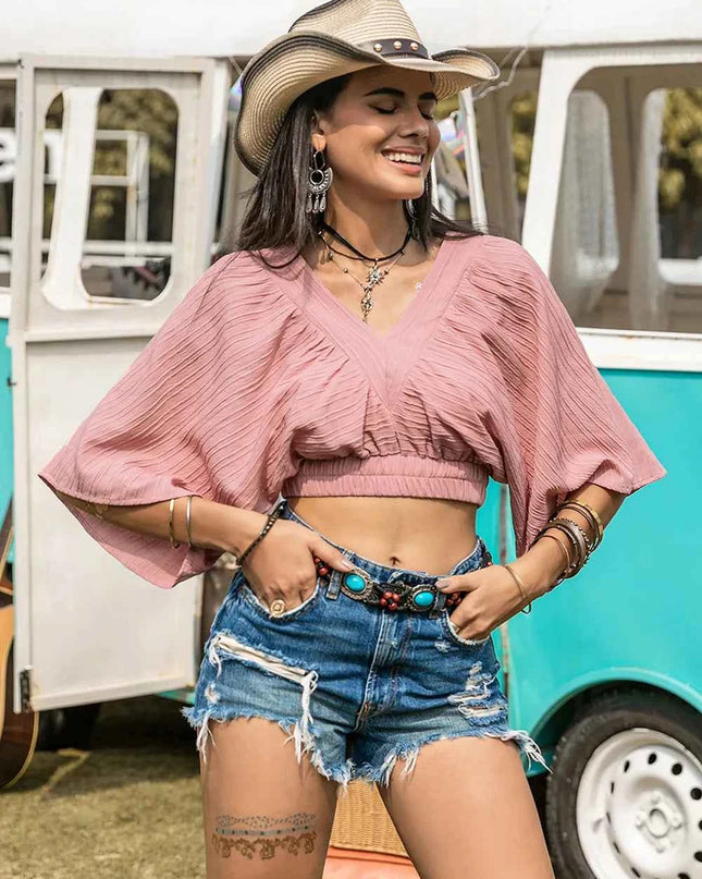 Textured V-Neck Crop Top