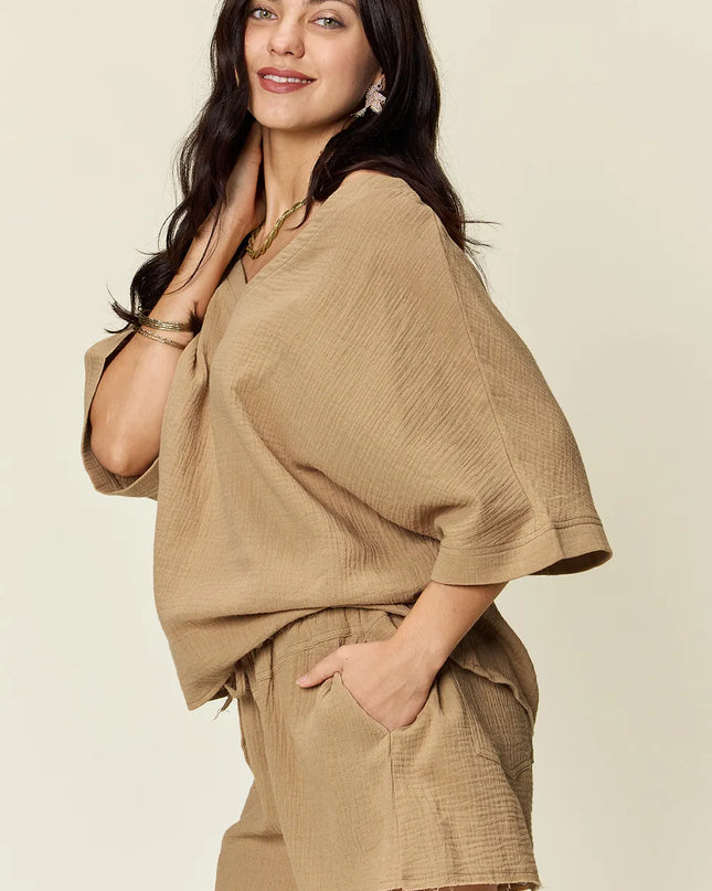 Double Take Texture Half Sleeve T-Shirt and Drawstring Shorts Set