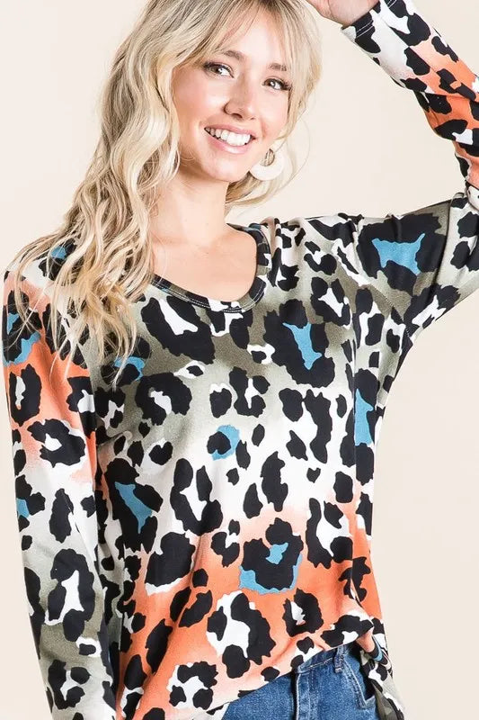 BiBi Gradation Leopard Print Soft Knit Deep U Neck Top