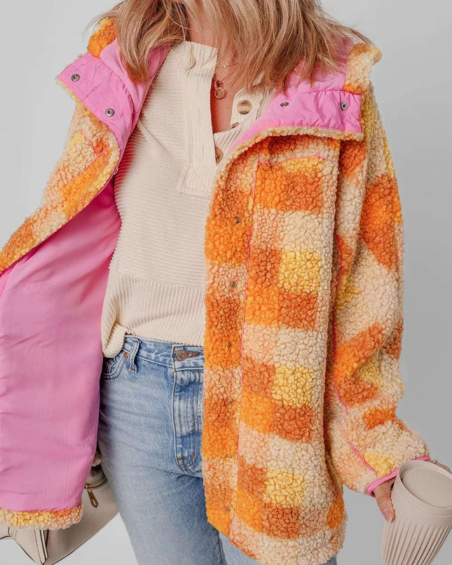 Checkered Long Sleeve Sherpa Hooded Jacket