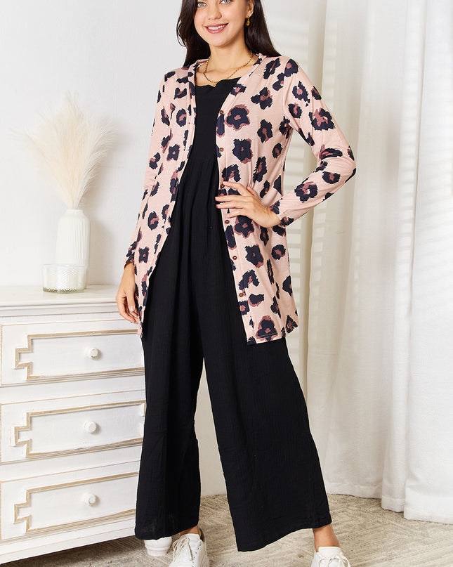 Double Take Printed Button Front Longline Cardigan
