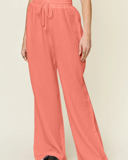 Double Take Full Size Texture Drawstring Wide Leg Pants Watermelon pink