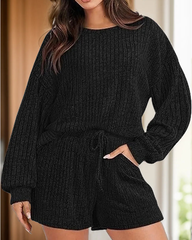 Round Neck Dropped Shoulder Top and Shorts Set Black