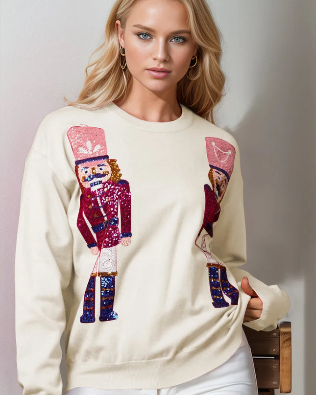 Double Take Full Size Nutcracker Sequin Long Sleeve Sweater Ivory