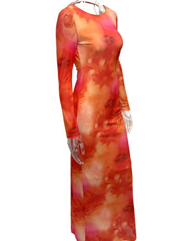 Tie-Dye Long Sleeve Maxi Bodycon Dress