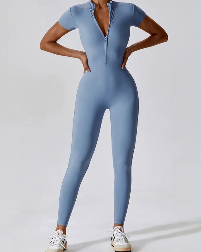 Basic Bae Half Zip Short Sleeve Active Jumpsuit 
