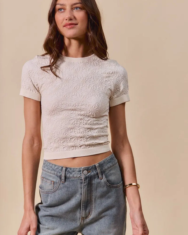 SO ME Floral Patterned Seamless Short Sleeve Top