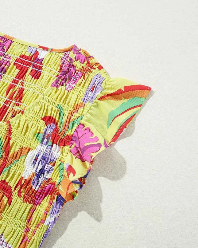 Cheetah Plant Print Shirred Button V Neck Maxi Dress